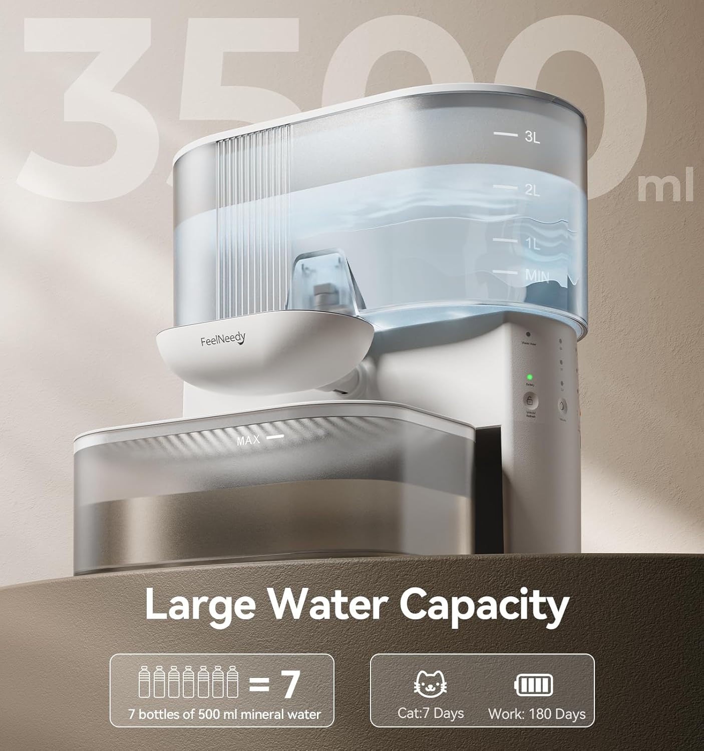 Wireless Cat Water Fountain No Filters, Wastewater Separation, FEELNEEDY Stainless Steel Bowl, 3.5L Pet Water Fountain for Cats & Dogs Dispenser, White - Image 6