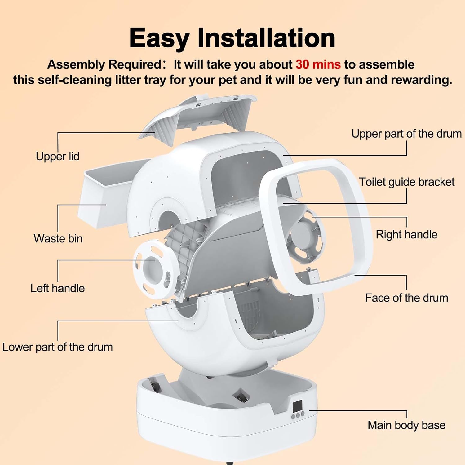 Automatic Cat Litter Box Self Cleaning - APP Control and Weight Monitoring - Ultra-Quiet, Suitable for Medium Cats and Kittens, Safe Anti-Pinch Litter Box (Assembly Required) - White - Image 7