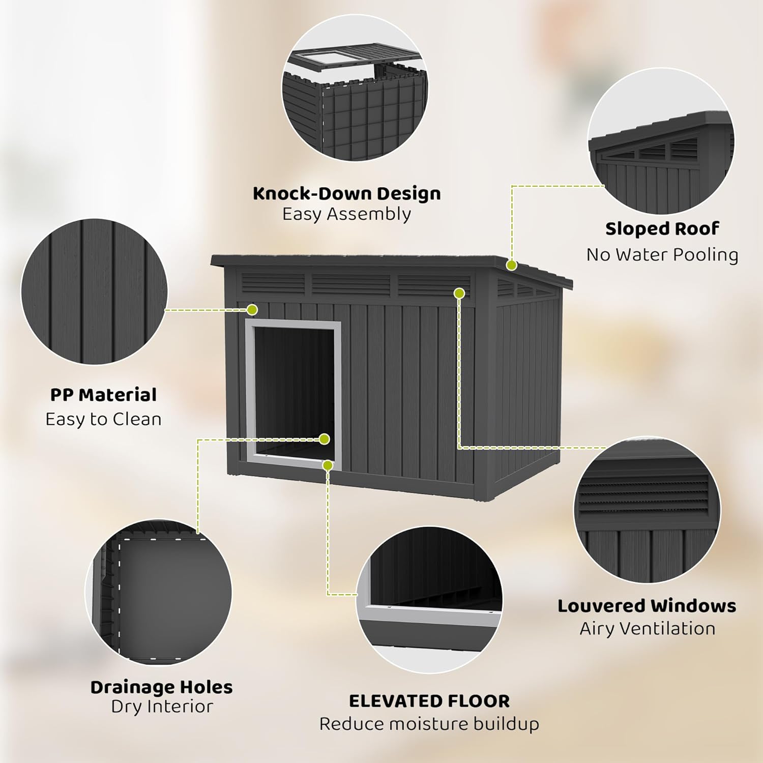 Bifanuo Dog House Outdoor Indoor for Large Dog - Weatherproof & Removable Roof, Easy Assemble and Clean for Medium to Large Dogs(Classic Black, 41.2" L x 31" W x 31.5" H) - Image 2