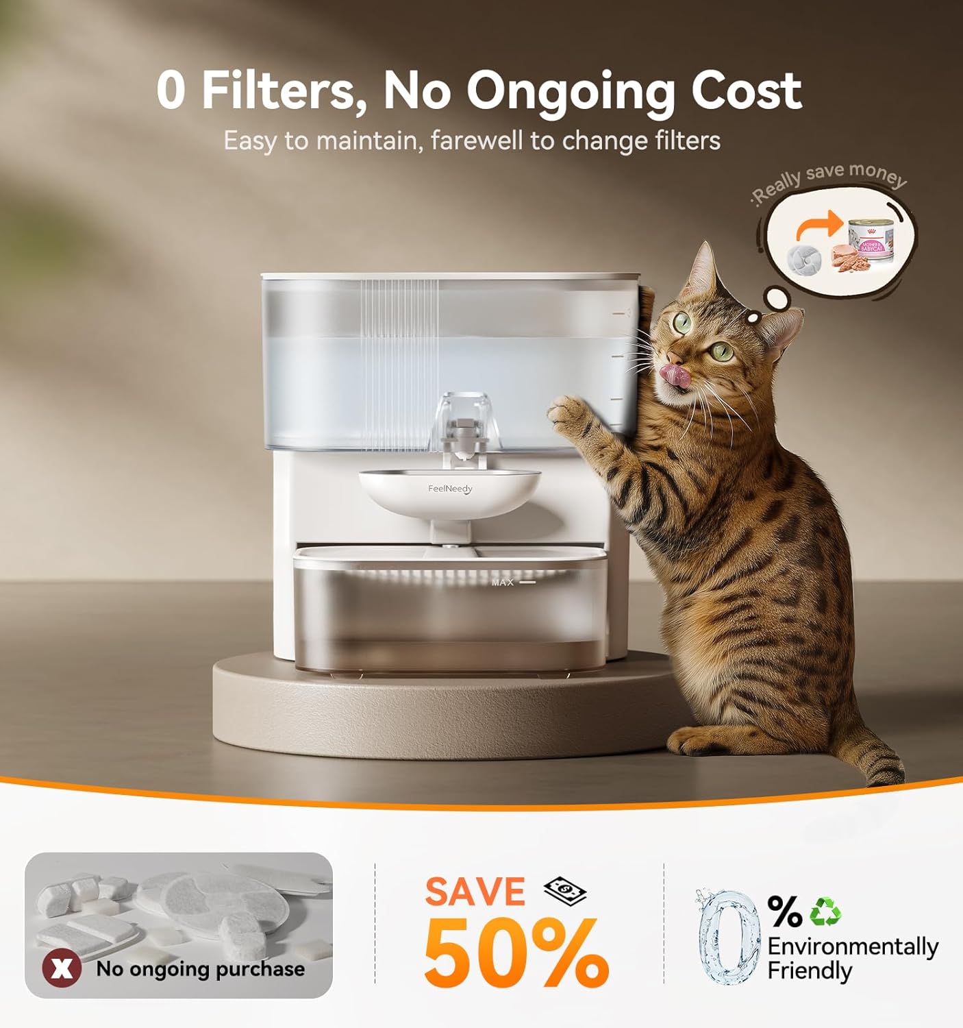 Wireless Cat Water Fountain No Filters, Wastewater Separation, FEELNEEDY Stainless Steel Bowl, 3.5L Pet Water Fountain for Cats & Dogs Dispenser, White - Image 3