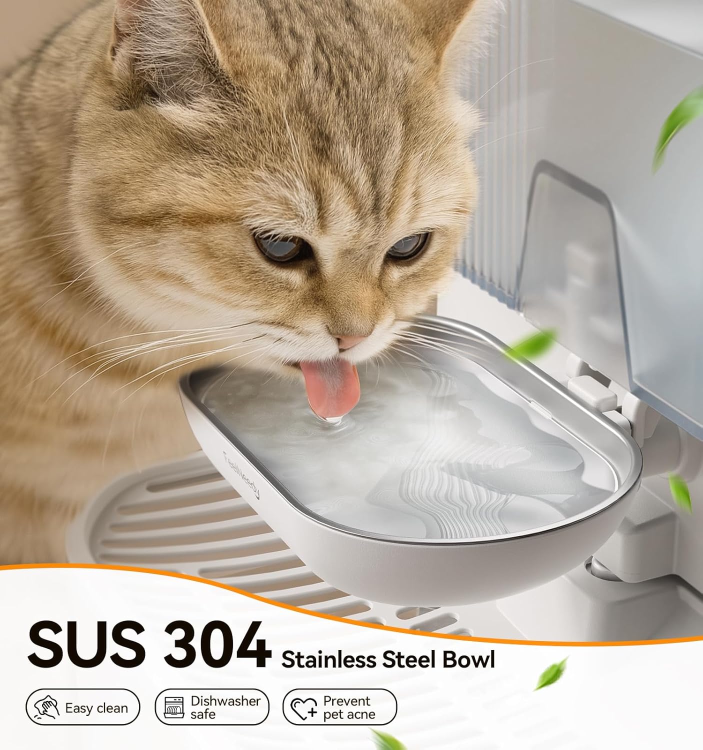 Wireless Cat Water Fountain No Filters, Wastewater Separation, FEELNEEDY Stainless Steel Bowl, 3.5L Pet Water Fountain for Cats & Dogs Dispenser, White - Image 4