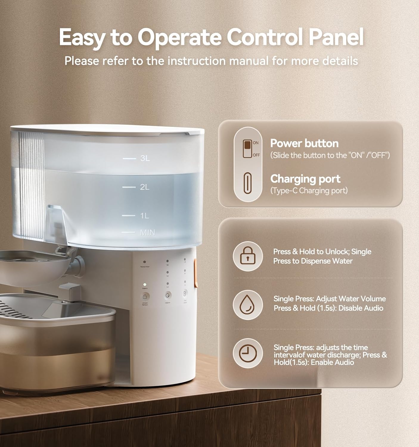 Wireless Cat Water Fountain No Filters, Wastewater Separation, FEELNEEDY Stainless Steel Bowl, 3.5L Pet Water Fountain for Cats & Dogs Dispenser, White - Image 7