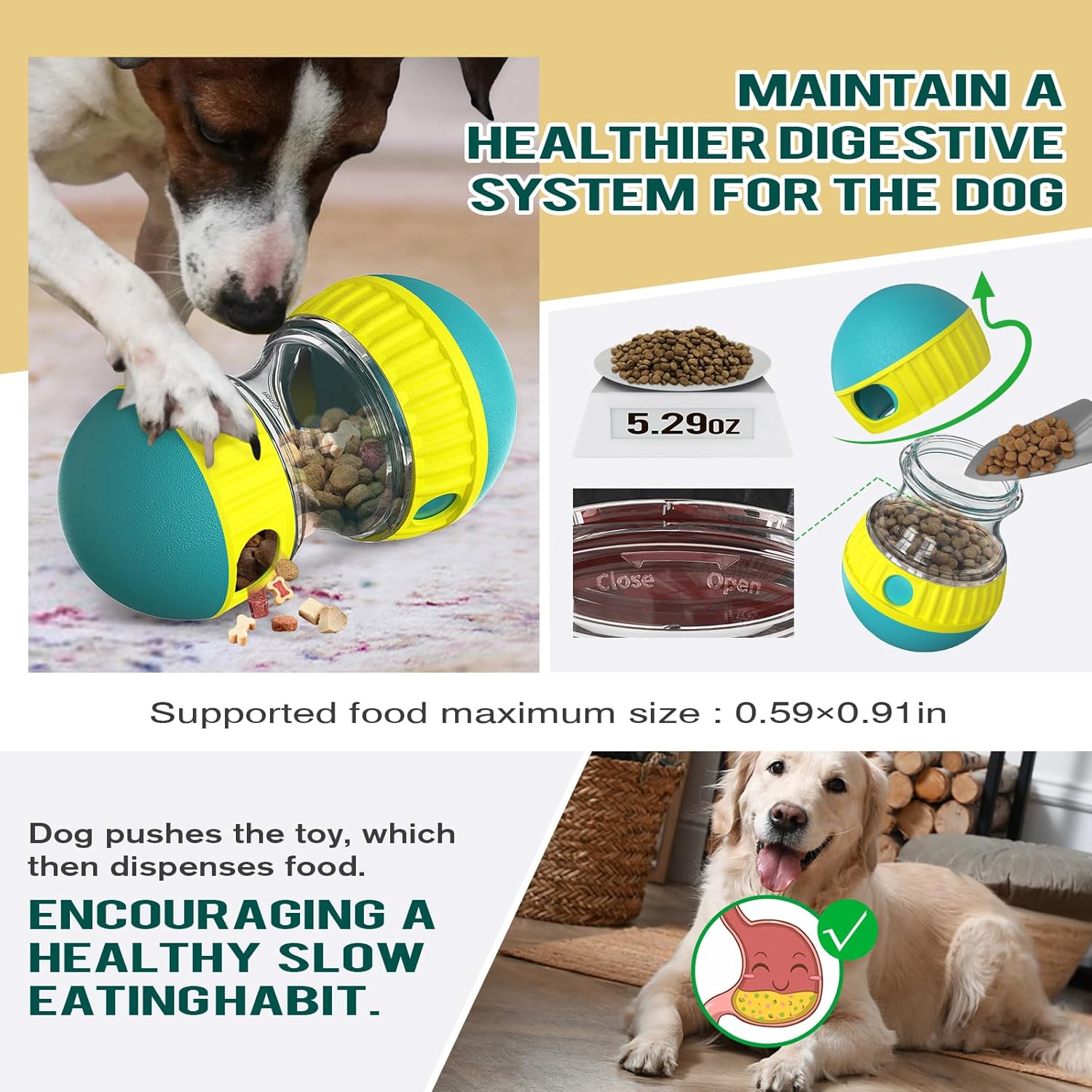 Dog Puzzle Toy Adjustable Treat Dispensing Ball Food Dispenser Tough Slow Feeder Puppy Enrichment Training Toy Pet Interactive Chase Toys for Small Medium Large Dogs to Keep Them Busy, Green - Image 4