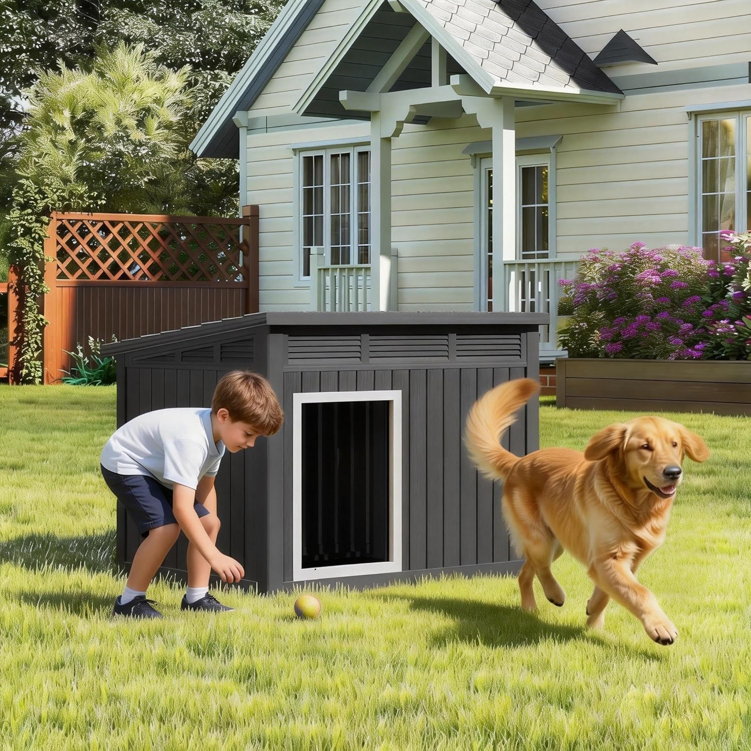 Bifanuo Dog House Outdoor Indoor for Large Dog - Weatherproof & Removable Roof, Easy Assemble and Clean for Medium to Large Dogs(Classic Black, 41.2" L x 31" W x 31.5" H) - Image 6
